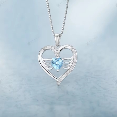 YASVITTI 925 Sterling Silver Heart Topaz &amp; Cubic Zirconia Angel Wing Pendant Kalung Perhiasan Romantis untuk Wanita