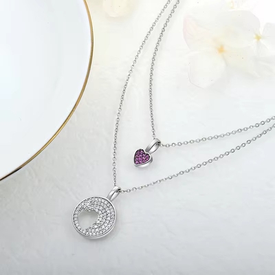 YASVITTI Rhodium Plated CZ Wanita 925 Sterling Perak Zircon Perhiasan Disesuaikan Romantis Pink Heart Charm Kalung