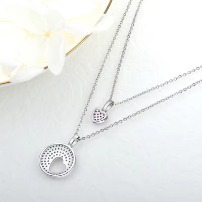 YASVITTI Rhodium Plated CZ Wanita 925 Sterling Perak Zircon Perhiasan Disesuaikan Romantis Pink Heart Charm Kalung