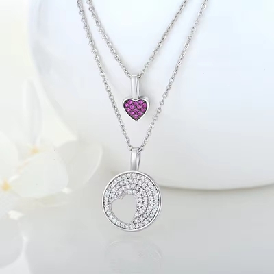 YASVITTI Grosir Rhodium Plated 925 Sterling Silver Zircon Perhiasan Disesuaikan Romantis Pink Heart Bling Charm Kalung