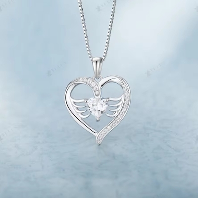 YASVITTI 925 Sterling Silver Heart Topaz &amp; Cubic Zirconia Angel Wing Pendant Kalung Perhiasan Romantis untuk Wanita