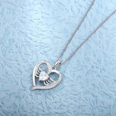YASVITTI 925 Sterling Silver Heart Topaz &amp; Cubic Zirconia Angel Wing Pendant Kalung Perhiasan Romantis untuk Wanita