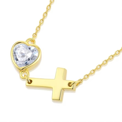 YASVITTI Bezel Heart Cubic Zirconia Necklace 925 Perak Klasik Cross Plain Necklace 18K Plated Gold Pabrik Grosir
