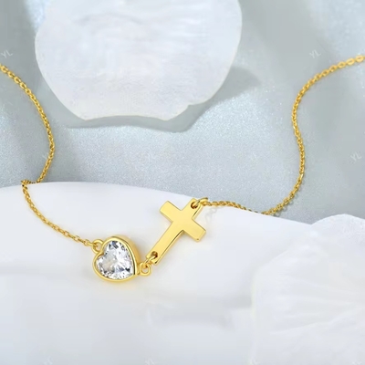 YASVITTI Bezel Heart Cubic Zirconia Necklace 925 Perak Klasik Cross Plain Necklace 18K Plated Gold Pabrik Grosir