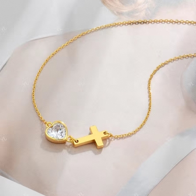 YASVITTI Bezel Heart Cubic Zirconia Necklace 925 Perak Klasik Cross Plain Necklace 18K Plated Gold Pabrik Grosir