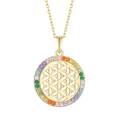 YASVITTI 925 Sterling Silver Flower of Life Rainbow CZ Pendant Kalung Yoga dan Meditasi Kalung Perhiasan Grosir