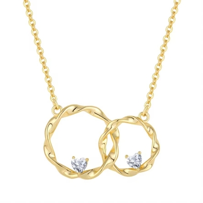YASVITTI 14K Kuning Dilapis Emas Bulat Interlocking Hati Kubik Zirconia Pendant Kalung 925 Perhiasan Perak Sterling