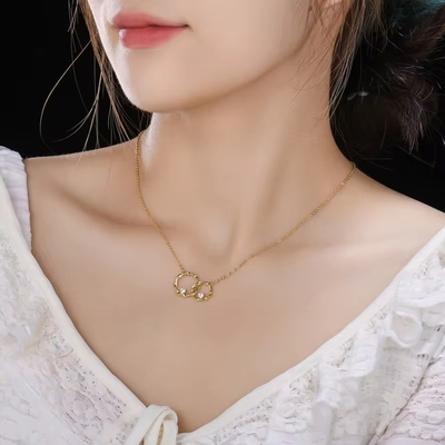 YASVITTI 14K Kuning Dilapis Emas Bulat Interlocking Hati Kubik Zirconia Pendant Kalung 925 Perhiasan Perak Sterling
