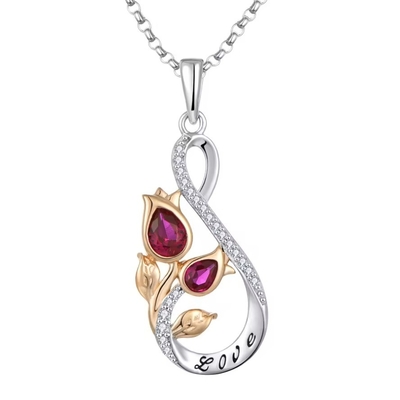 YASVITTI 925 Sterling Silver Classic Ruby Rose Flower Pendant Necklace Cubic Zircon Cinta Ukiran Kalung Grosir