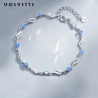 4.5g 0.62ft Silver Adjustable Bracelet trendi Rhodium Plated Blue Crystal Bracelet
