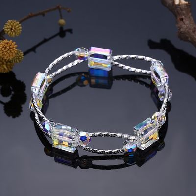 2.6in 0.38 oz Gelang Kristal Persegi 3 Lapisan Slider Sintetis Gelang Perak
