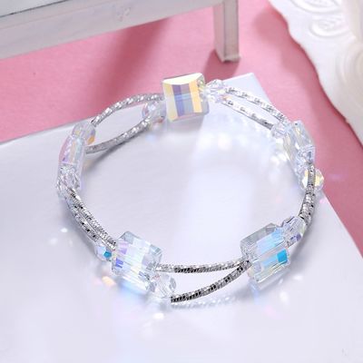 2.6in 0.38 oz Gelang Kristal Persegi 3 Lapisan Slider Sintetis Gelang Perak