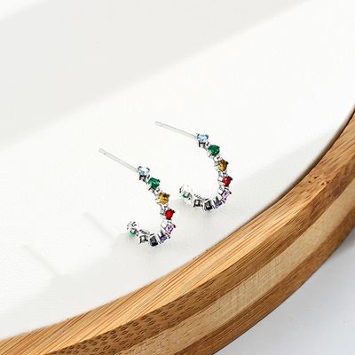 S925 0.6in 1.4g Rainbow Stud Earrings 5A Sterling Silver Anting Hoop Ukuran Sedang