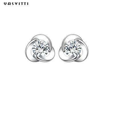 925 Sterling Silver Clover Zircon Earrings Bunga Zircon Stud Earrings Simple Clover Diamond Earrings