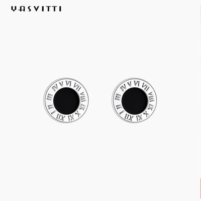 Stainless Steel Bulat Hitam Enamel Angka Romawi Stud Earrings