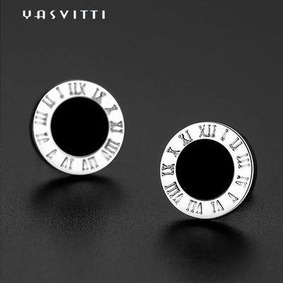 Stainless Steel Bulat Hitam Enamel Angka Romawi Stud Earrings