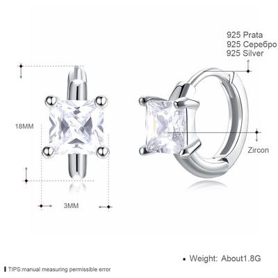1.2 cm 316L SS Square Cubic Zirconia Earrings 3A CZ Sterling Silver Stud Earrings