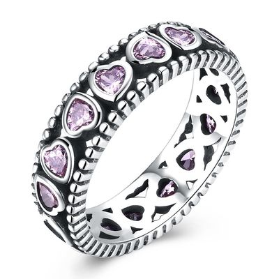 Temperamental Queen'S Crown Pink Heart Pave Cincin Berlian S925 Cincin Wanita Bertahtakan Berlian