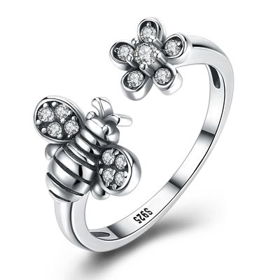 Sterling Silver 925 Cincin Bunga Lucu Lebah yang Dapat Disesuaikan