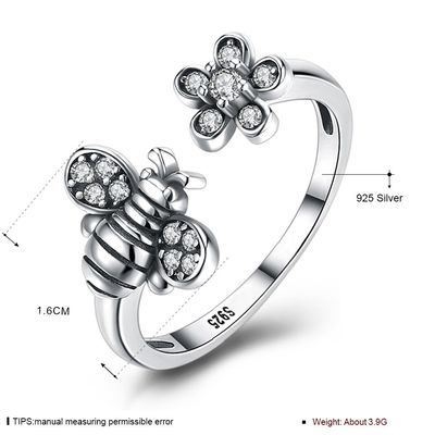 Sterling Silver 925 Cincin Bunga Lucu Lebah yang Dapat Disesuaikan