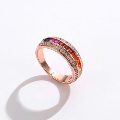 Rose Gold Disepuh Perak 925 Fashion Mewah Warna-warni Rainbow Zircon Cincin Perhiasan Wanita