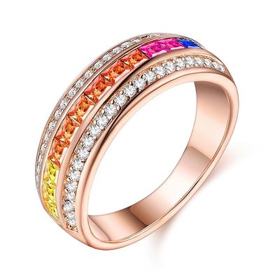 Rose Gold Disepuh Perak 925 Fashion Mewah Warna-warni Rainbow Zircon Cincin Perhiasan Wanita