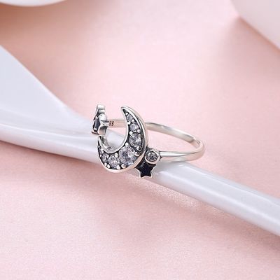 Bintang Kecil Dan Bulan Sabit Cincin Terbuka 925 Sterling Silver Untuk Wanita Remaja Gadis Crystal Eternity Rings