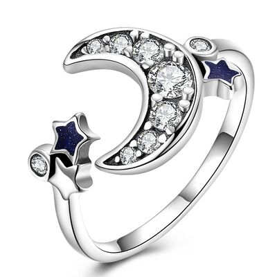 Bintang Kecil Dan Bulan Sabit Cincin Terbuka 925 Sterling Silver Untuk Wanita Remaja Gadis Crystal Eternity Rings