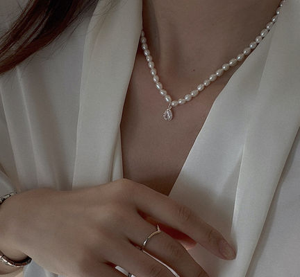 42cm Kalung Mutiara Air Tawar Alami 14.6g Rantai Dengan Liontin Perak S925