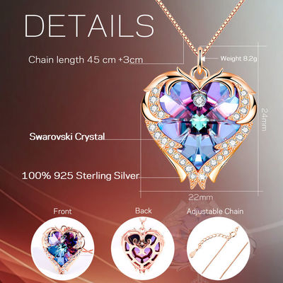 18 Inch 8.2 Perhiasan Perak Kalung Hati Besar Dengan Kristal Austrian crystal Emas Warna-warni Kristal Kalung Trendi