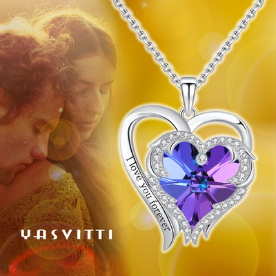 Hypoallergenic 925 Sterling Silver Heart Pendant Kalung Austrian crystal Purple Crystal