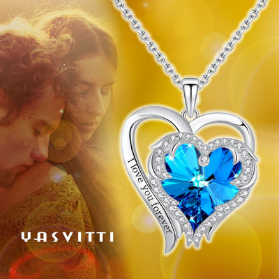 0.79x0.98in Double Heart Cross Kalung Austrian crystal Blue Crystal 925 Sterling Silver